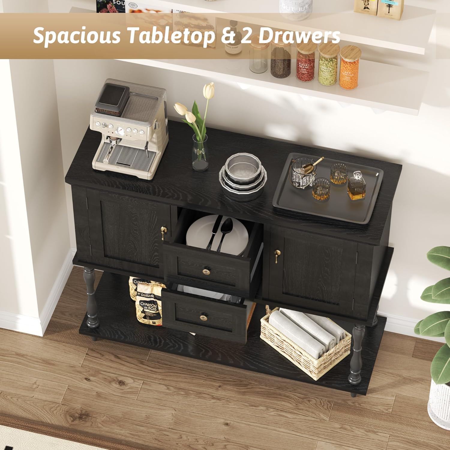 QinaQin Entryway Table with 2 Drawers,Vintage Console Table with Storage Shelf and 2 Doors,Farmhouse Buffet Sideboard Cabinet for Hallway,Entryway,Black