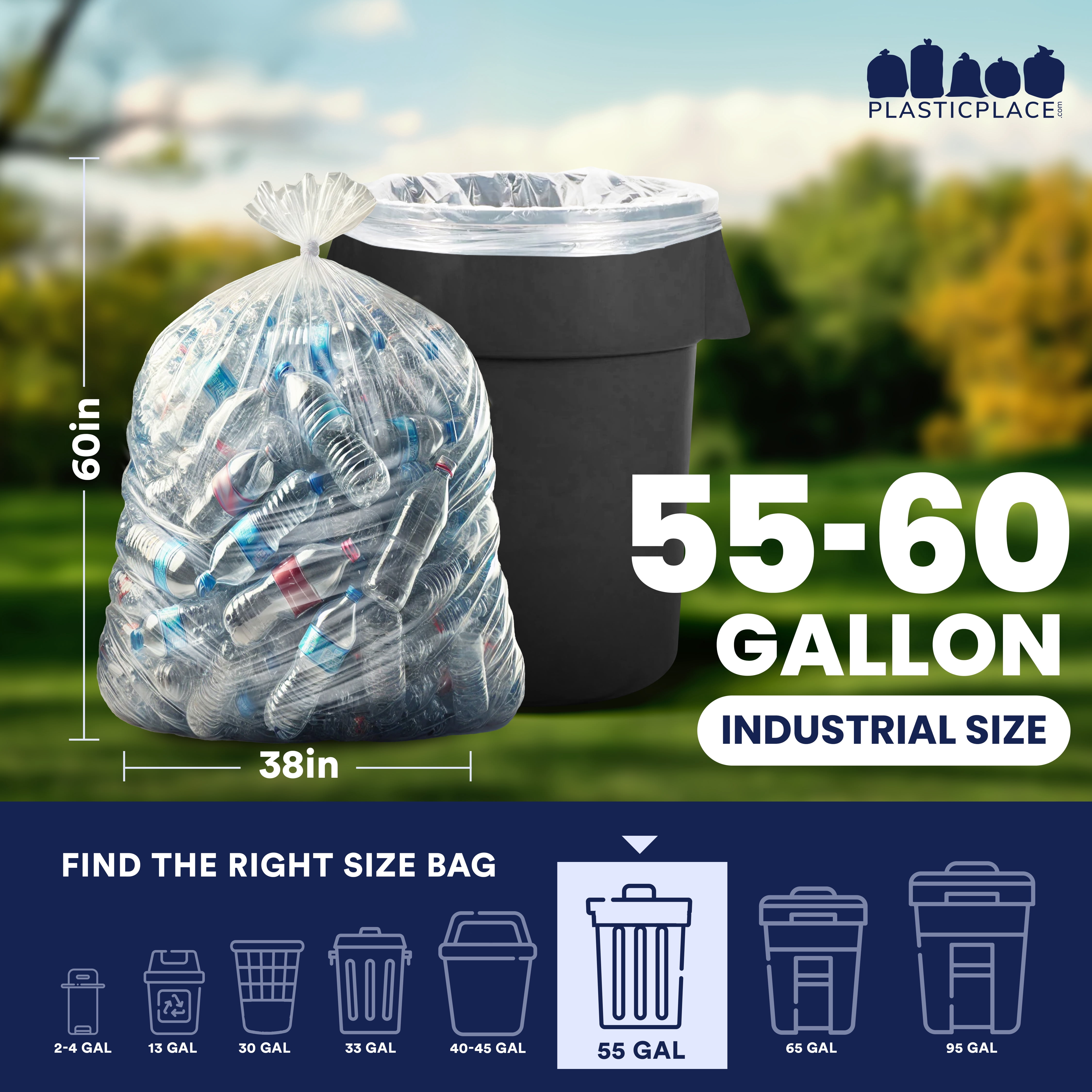 Plasticplace 55-60 Gallon Trash Bags, High-Density Garbage Bags, Clear Plastic Can Liners, 38” x 60”, Leak-Proof Heavy-Duty Trash Bag, Ideal for Home, Office, Kitchen & Commercial Use, 100 Count