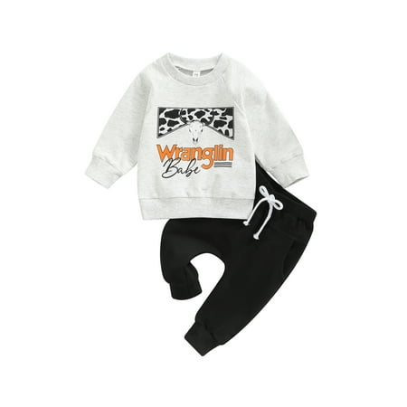 

aturustex 0-3 Years Western Baby Boy Outfit Cow Print Crewneck Sweatshirt Tops Solid Jogger Pants Set 2Pcs Fall Winter Clothes Set