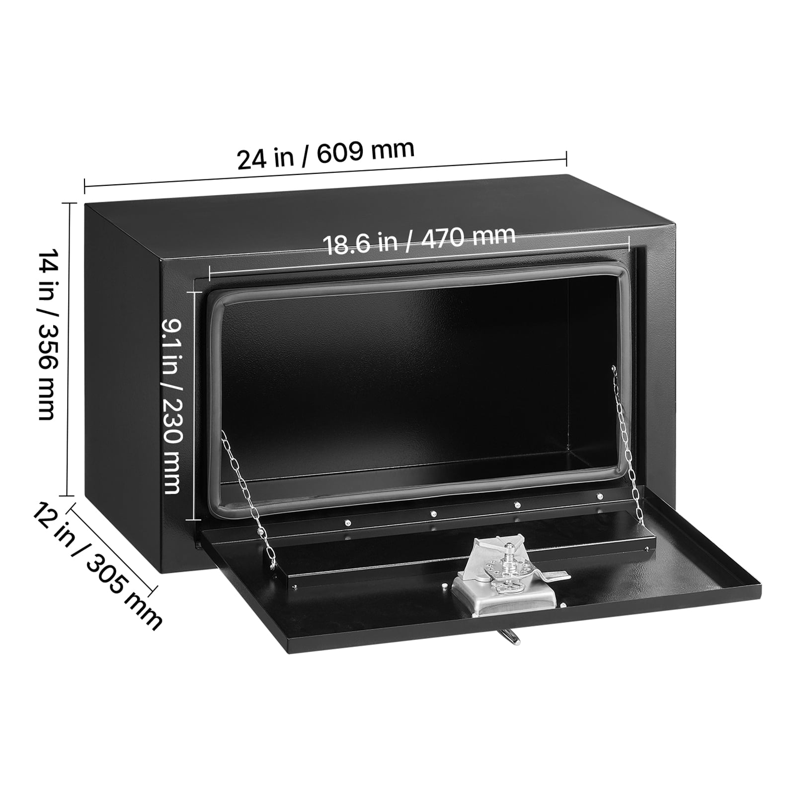 KFFKFF 24 x 12 x 14 Inch Steel Underbody Truck Tool Box, Heavy-Duty Trailer Storage Chest with Lock & Keys, Waterproof Organizer with T-Handle for Trucks, Vans, SUVs, Black
