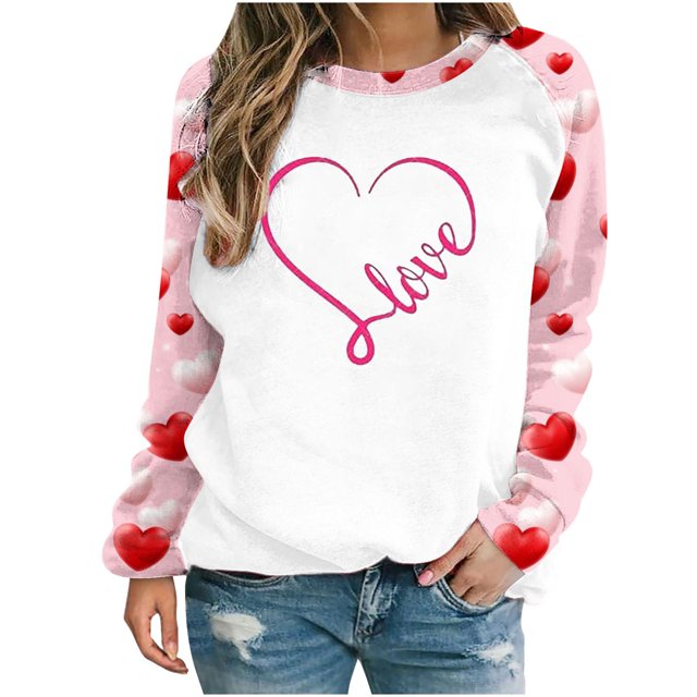 VALMASS Chandails en Molleton à Col Rond pour Femmes de la Saint-Valentin Manches Raglan Hauts Décontractés Mode Imprimé Cœur Blouses (TG, B Rose)
