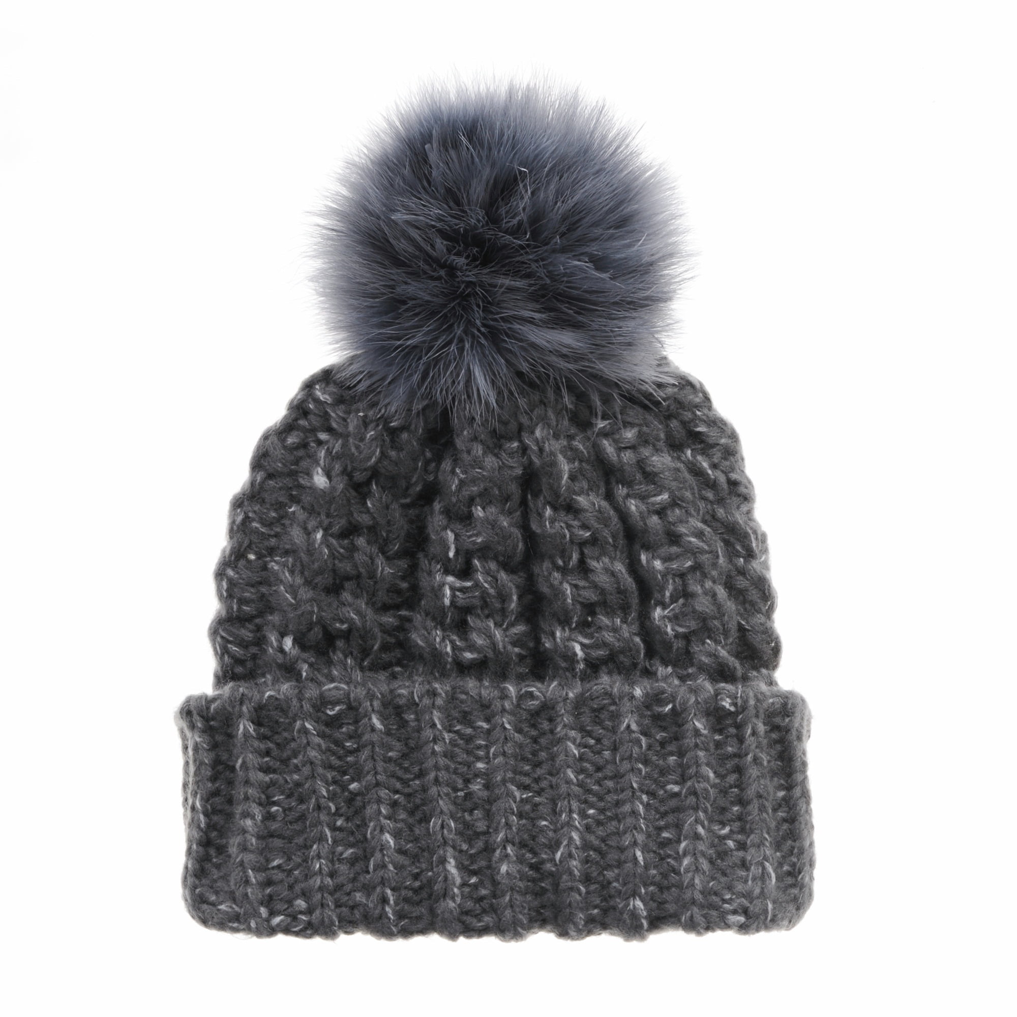 Dark grey nordic knit wool hat with fox pom