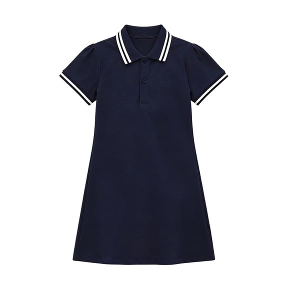 Fesfesfes Girls CottonDress Short Sleeve Collared Button Down Casual Summer A-Line School Uniform Dress with Contrast Trim, Knee Length Outfit for Kids 3-16 Years