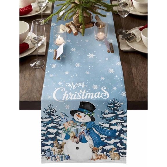 ERUNPONLY Blue Christmas Snowman Table Runner - 36 Inch Long Xmas Tree Elk Gifts Snowflake Cotton and Linen Blended Dress Scarves Farmhouse Table Runner for Kitchen Dining, Coffee Table, 13" x 36"