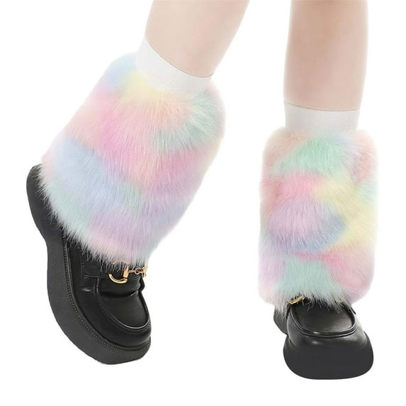 Liacowi Women Faux Fur Leg Warmers Fuzzy Striped Contrast Color Boot Cuffs Covers