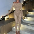 thumbnail image 2 of Tao Tao Women Fashion mesh rhinestone jumpsuit long sleeve see-through jumpsuit high stretch Body stockings club outfit Beige Free Size, 2 of 3