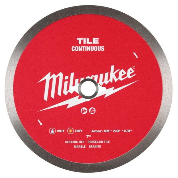 Milwaukee Electric 7-Inch Continuous Tile Diamond Saw Blade with Solid Steel Core for Wet and Dry Cutting
