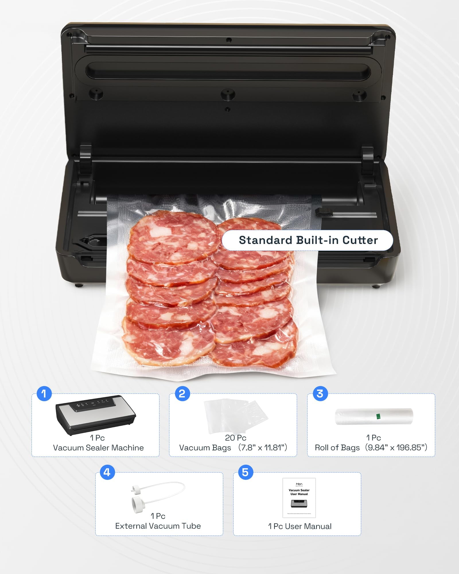 HBN Vacuum Sealer Machine, 80Kpa Automatic Vacuum Sealer Built-in Cutter & Bag Storage,Food Storage Vacuum Sealer with 1 Bag Roll & 20 Bags