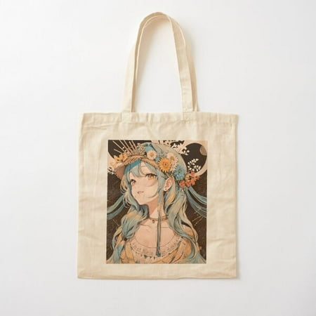 Anime  Cottagecore  Fairycore  Goblincore  Flowers  Spring  Nymph  Goddess  Japanese  Golden Eyes  Blue Hair  Flower Crown  Cute  Straw  Sundress Canvas Tote Bag  Family Gift For Mother  Her