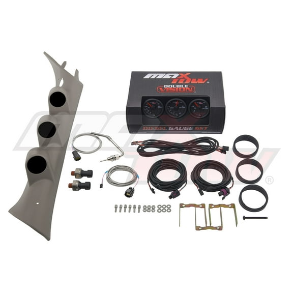 MaxTow | 2007-2013 GMC Sierra 6.6 Duramax Tan Triple Gauge Pillar Pod with Speaker Cutout and Black & Green Double Vision Series 60 PSI Boost Gauge, 1500 F EGT Pyrometer & 30 PSI Fuel Pressure Gauge