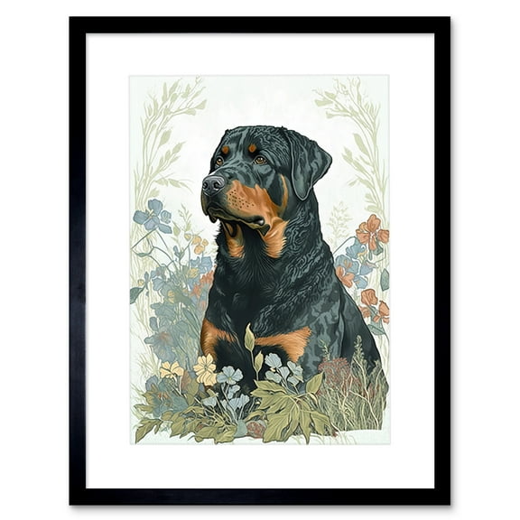 Rottweiler Dog Sitting in Flower Field Modern Watercolour Illustration Artwork Framed Wall Art Print 9X7 Inch