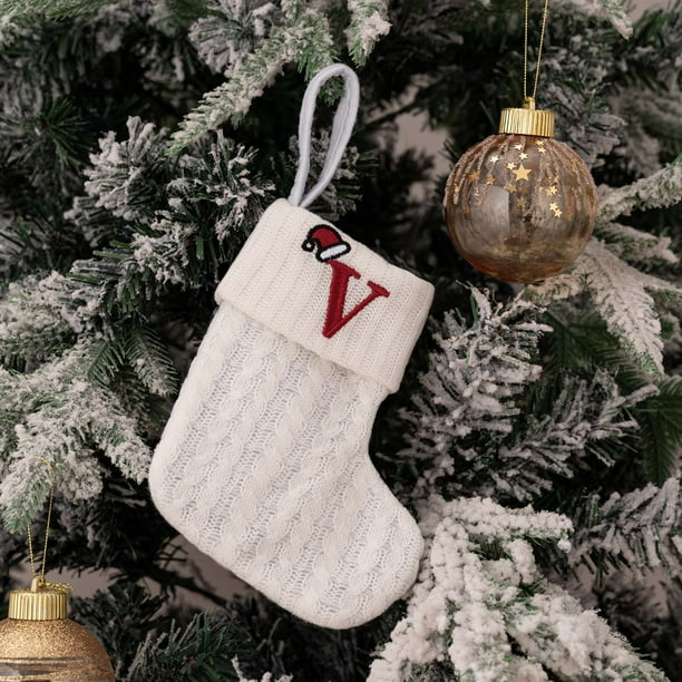 Calcetines Navideños de Punto, Bordado con Alfabeto Decorativo, Bolsa de Regalo Festiva, Medias de Lana para Decoración Navideña, Encantador Diseño de Enano, Navidad Blanca, Tamaño Mediano, 18 X 15 C