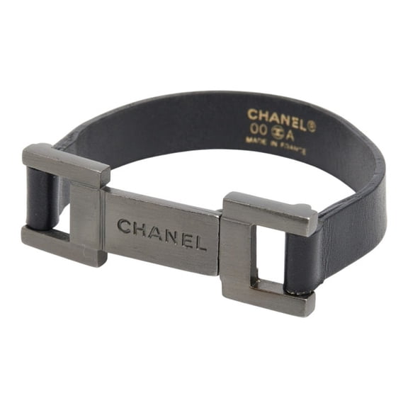 Pre-Owned Chanel Logo Plate Bracelet, Black Silver Leather Metal, Women's CHANEL