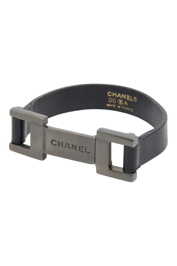 Pre-Owned Chanel Logo Plate Bracelet, Black Silver Leather Metal, Women's CHANEL