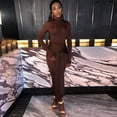 thumbnail image 5 of Women's Turtleneck Long Sleeve Pleated Lace-up Long Dress & Ribbons, Solid Color, 2pcs Set, 5 of 25