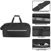 40 Liter 22 Inch Duffle Bag with Reflective Stripe, Front Accessory Pocket, Handles, Dual Zipper Closure and Luggage Strap for Traveling, Commuting, Sports and Gym Equipment in Black & Silver