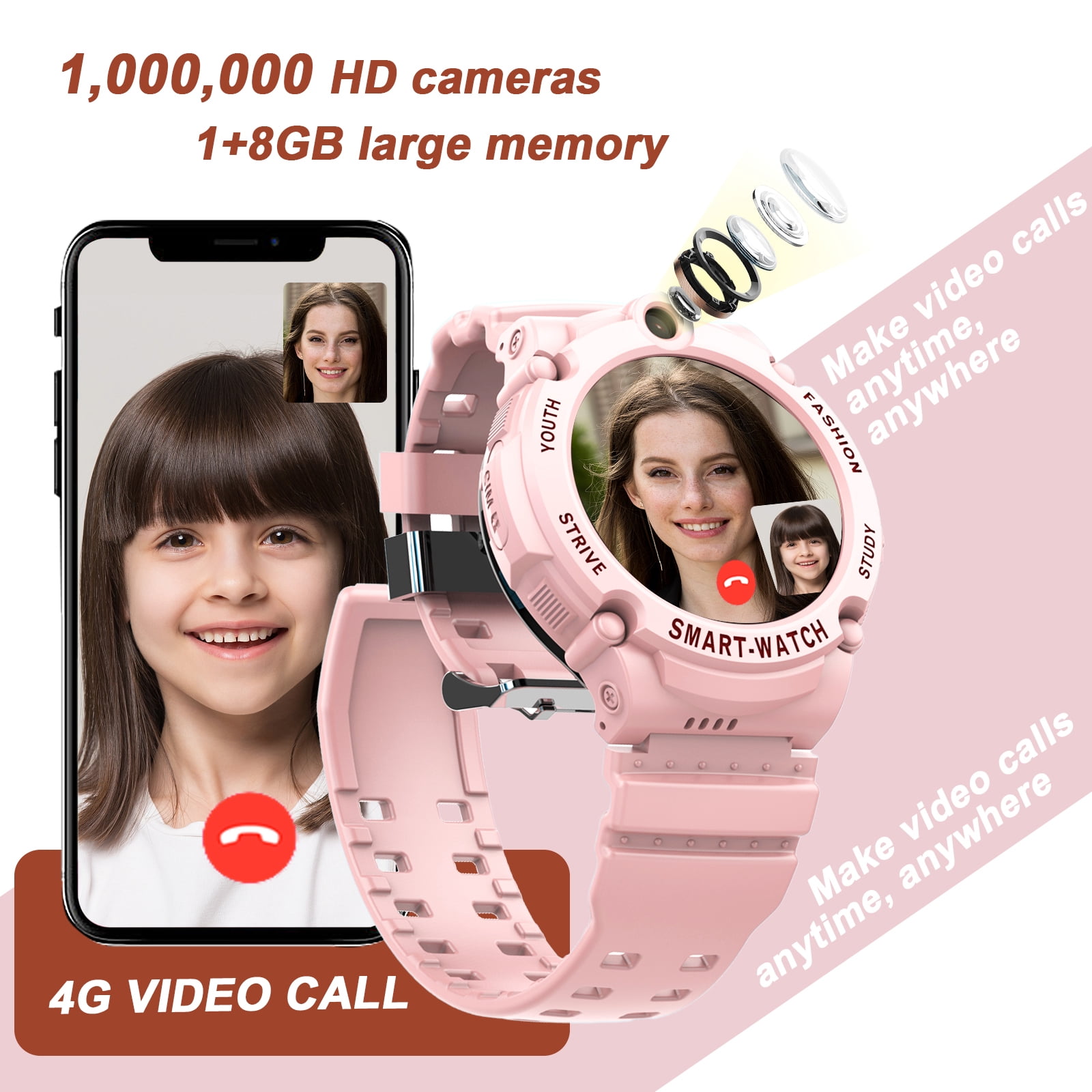 PTHTECHUS S02 Smart Watch for Boys Girls Smartwatch for Kids with 4G SIM GPS Video Call Pedometer MP3 Flashlights Calculator Alarm Clock Children Holiday Gift Pink
