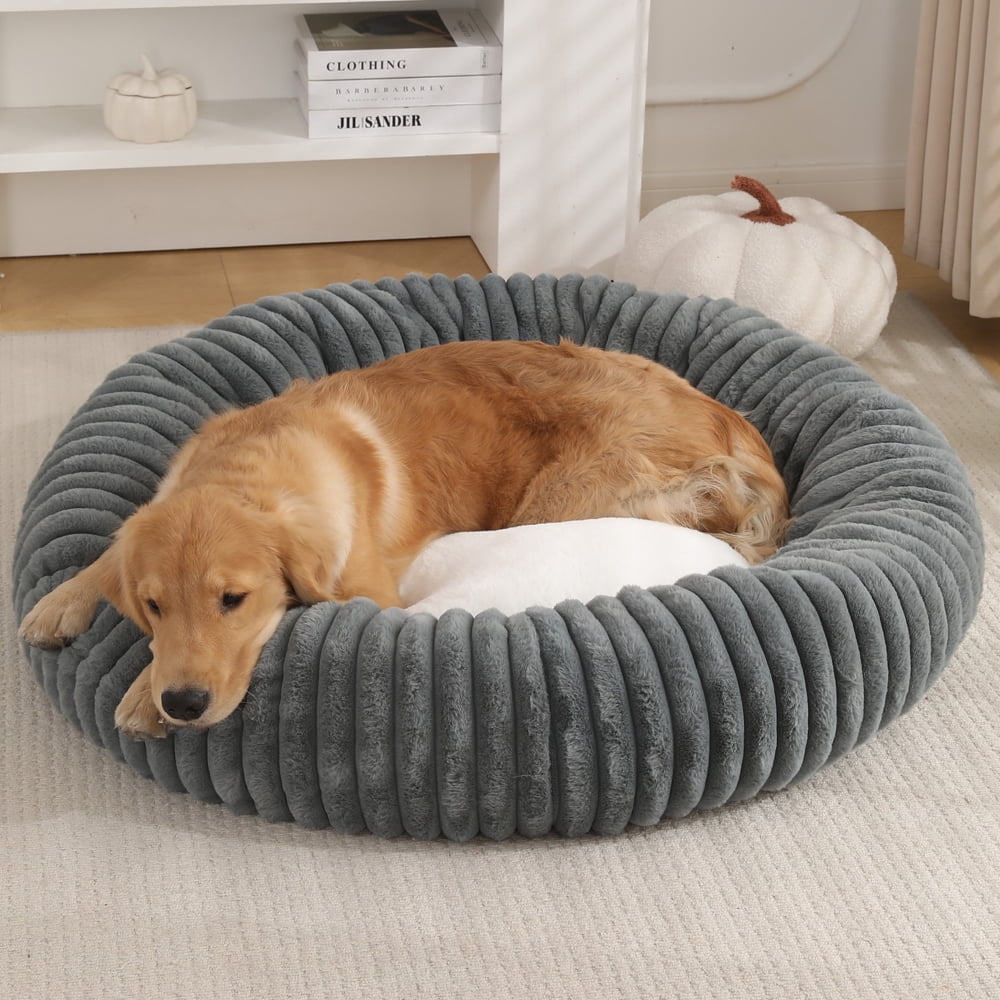Katieovy Large Donut Dog Beds,Fluffy Calming Dog Beds with Non-Slip Bottomm,32 x 32 inch Washable Round Dog Cat Beds,Dark Gray