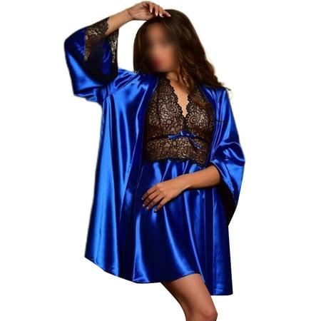 

Woobling Women Lingerie Deep V Neck Chemise Two Pieces Mini Nightgown Lace Ladies Sexy Hollow Out Crotchless Blue 2XL