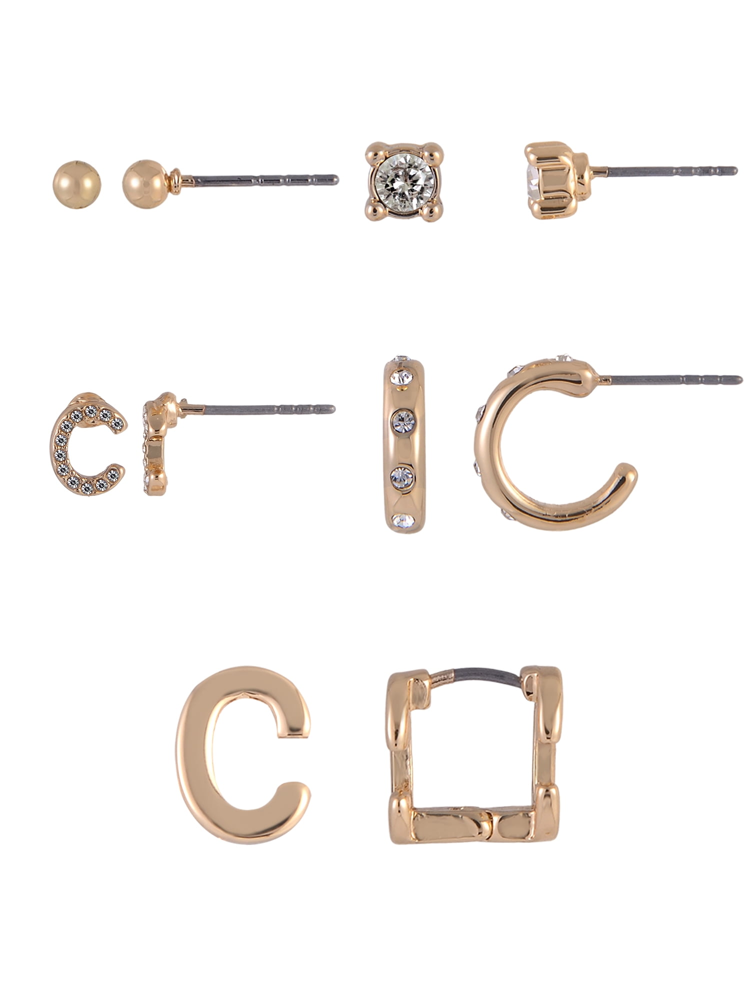 Time and Tru Goldtone 5pc Crystal Studs Hoop Initial "C"Earring Set