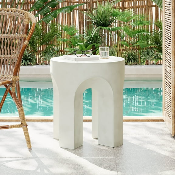 Thalric Outdoor Patio Round Accent Table, Concrete, Antique White