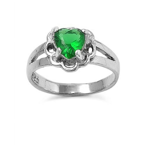 Floral Heart Simulated Emerald Cubic Zirconia Petite Ring Sterling Silver 925