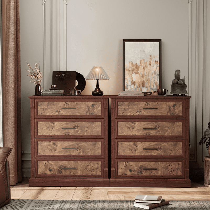 TROPOW Farmhouse 4 Drawer Dresser for Bedroom, Tall Chest of Drawers with Metal Handles, Rustic Wooden Dresser TV Stand, for Living Room, Hallway,Brown