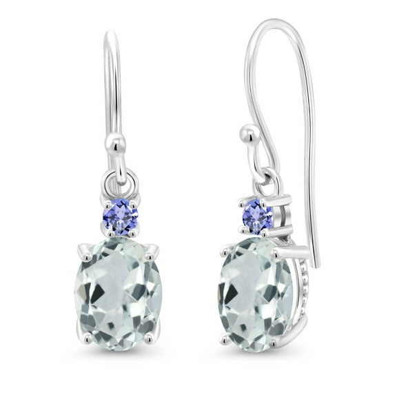 Gem Stone King 10K White Gold Sky Blue Aquamarine and Blue Tanzanite Dangle Earrings for Women (2.36 Cttw, Gemstone Birthstone, Oval 8x6mm)