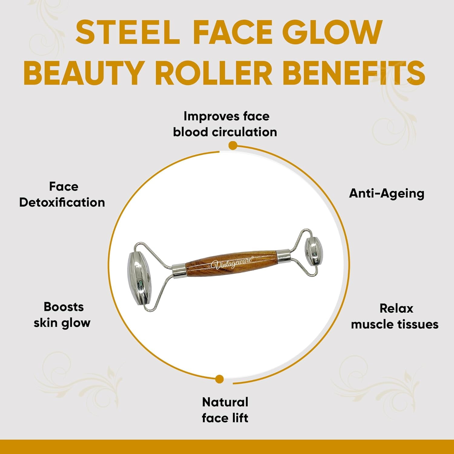 Vintageware® Stainless Steel Roller for Face-Natural Steel Gua Sha Massage Tool Massage Scraping Tool Muscle Pain Relief, Stress Release and Breaking Tissue (Face Roller With Heart Shape Gua sha)