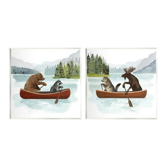 Stupell Industries Woodland Animals on Canoes Animals & Insects Painting Unframed Art Print Wall Art, 12 x 12, Set of 2
