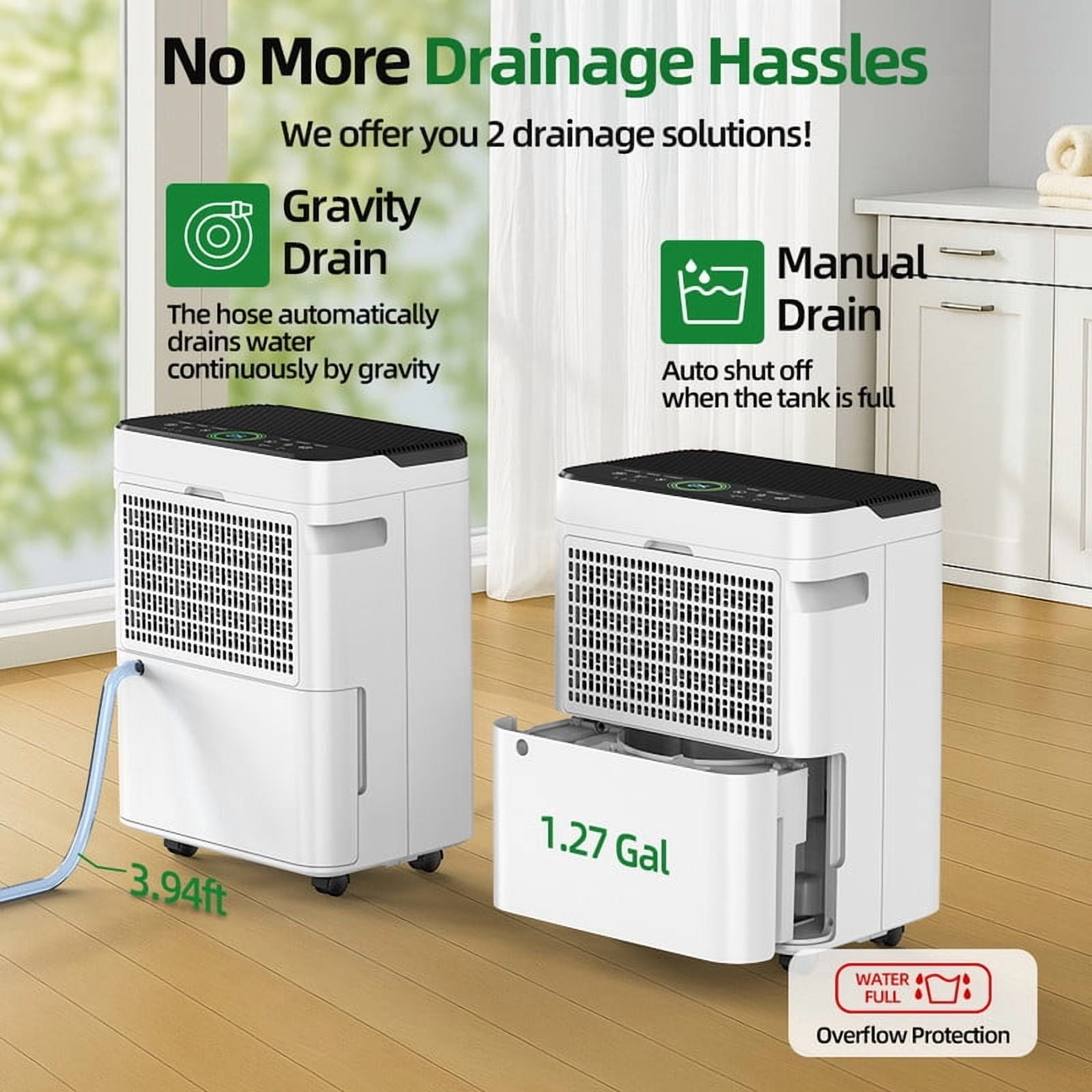4,500 sq. ft. White Dehumidifiers for Home with Drain Hose and Bucket,Auto Defrost,Low Noise,Ion-Air Purifying,53 Pints