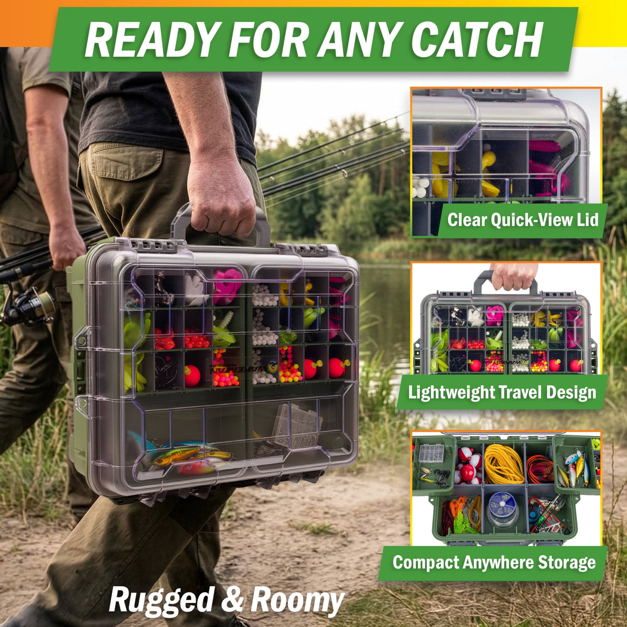 Wakeman Outdoors Fishing Tackle Box Organizer with 2 Removeable Tackle Trays, Green