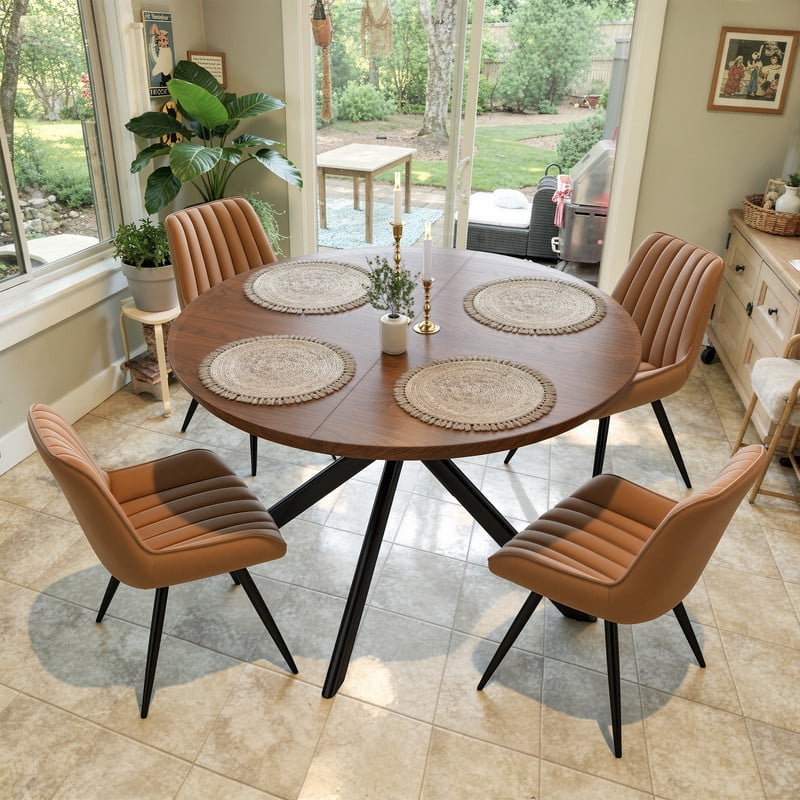 Hawsaiy 47" Round Dining Table for 4-6, Modern Farmhouse Kitchen Table with Metal Legs, Wood Circle Dinner Table for Kitchen & Dining Room, Walnut
