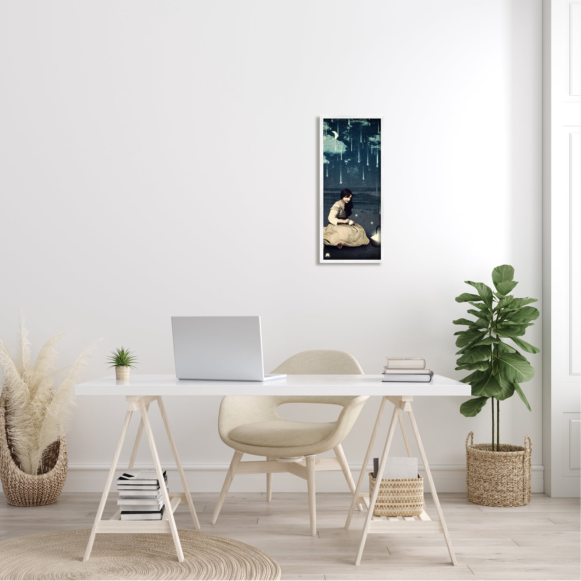 Stupell Industries Raining Meteorites Stars Nighttime Moon Woman Scene Framed Wall Art, 10 x 24, Design by Paula Belle Flores