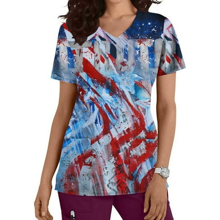 

LSLJS 4th of July Top for Women Patriotic Top Short Sleeve Nursing Scrubs Top Flag Printed Top on Clearance