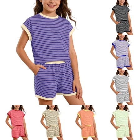 ZXLBBD Girls Summer Casual 2 Piece Drop Shouldre Side Opening Shirt and Cycling Shorts Solid Color Breathable Kids Child Clothes Sets Purple Size 8 Y-9 Y