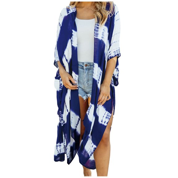 Henpk Summer Dresses for Women Striped T Shirt Dress Casual Midi Dress Short Sleeve Sundress with Pockets Flowy Kimono Cardigan Open Front Dress Printed Chiffon Blouse Loose Tops Blue M
