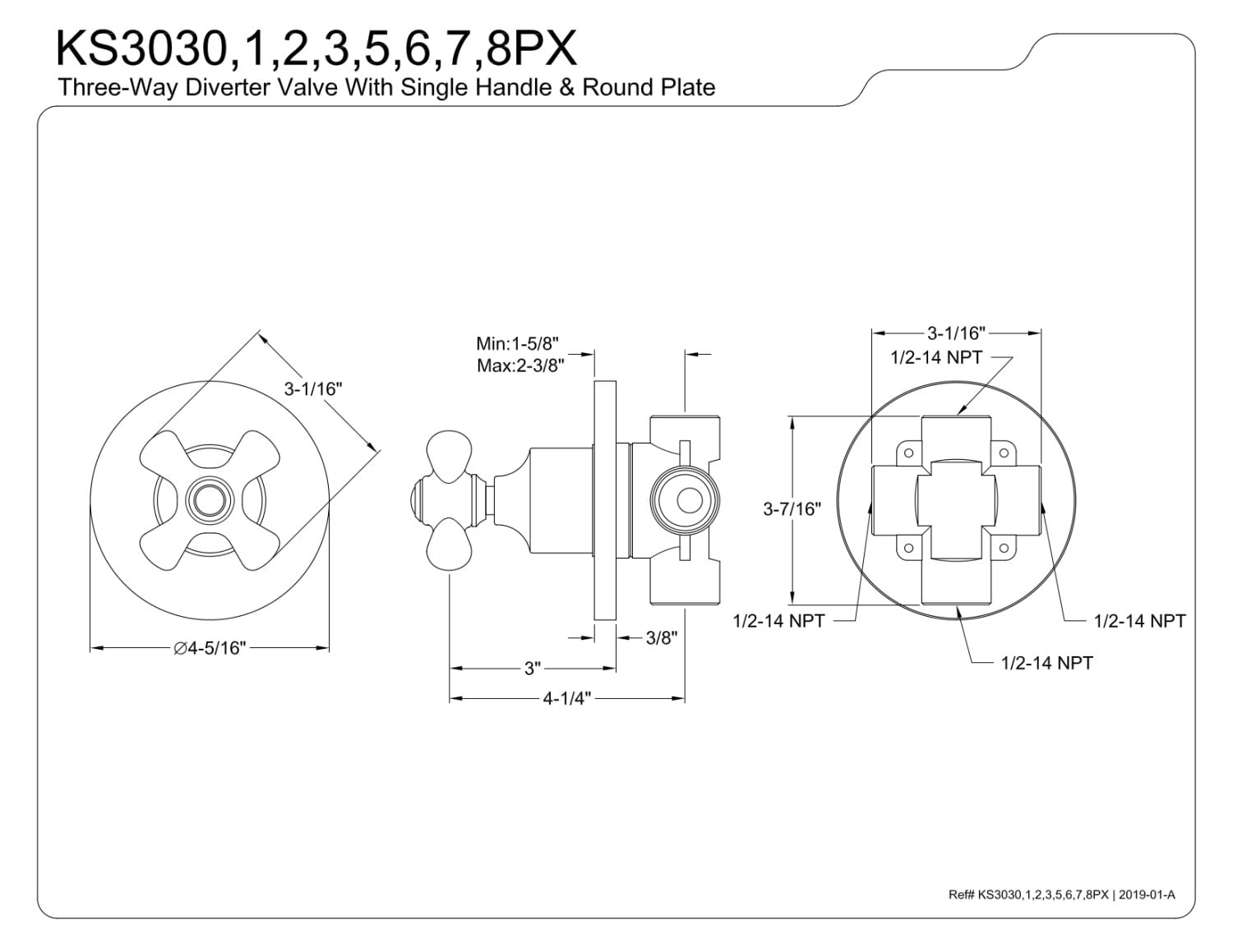 Kingston Brass KS3033PX 3-Way Diverter Valve with Trim Kit, Antique Brass