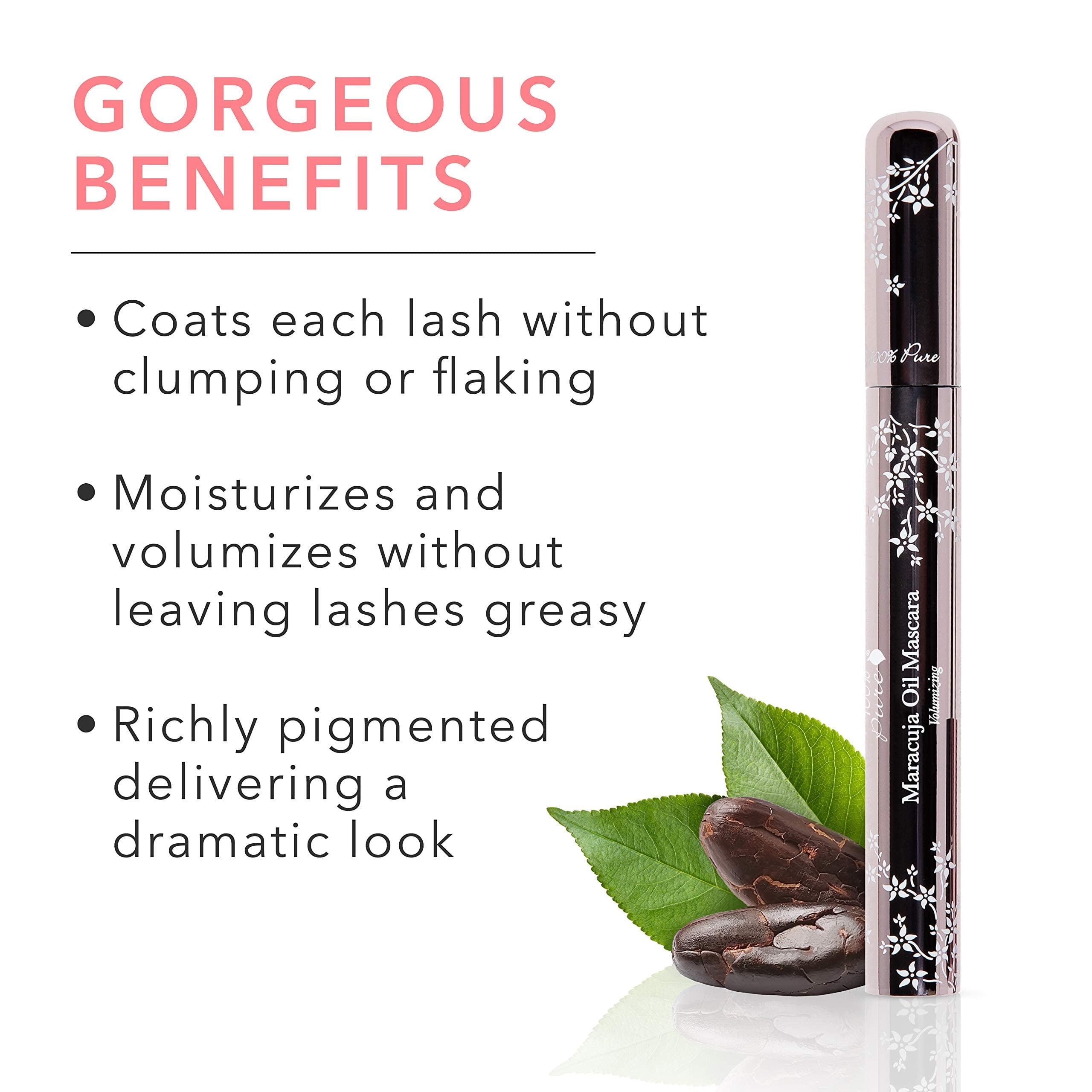 100% PURE Maracuja Oil Mascara Dramatic Intense Volume & Length Natural Fruit Pigmented Voluminous Eyelash Makeup No Clumping, Smudging or Flaking - Vegan, Dark Chocolate Color - 0.35 oz