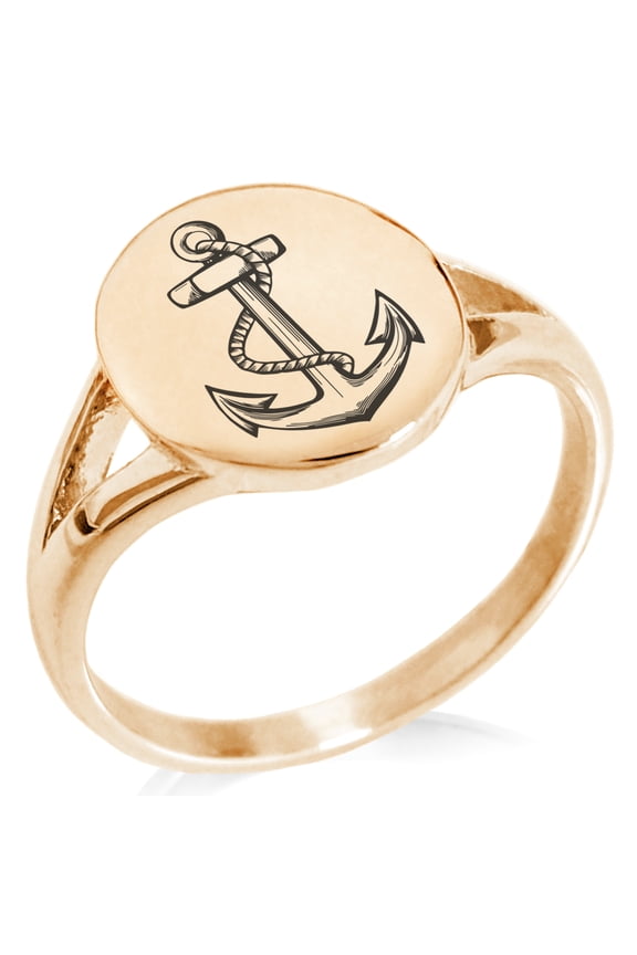 Stainless Steel Mariner Nautical Anchor Minimalist Oval Top Polished Statement Signet Ring