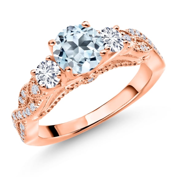Gem Stone King 18K Rose Gold Plated Silver Sky Blue Topaz White Lab Grown Diamond and White Moissanite Engagement Ring for Women (1.47 Cttw, Gemstone November Birthstone, Round 6MM and 3MM, Size 7)