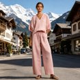 thumbnail image 4 of Quixlent Women's Casual 2 Piece Lounge Sets Puff Half Sleeve V Neck Top And Wide Leg Pants Travel Vacation Outfits with Pockets, 4 of 8