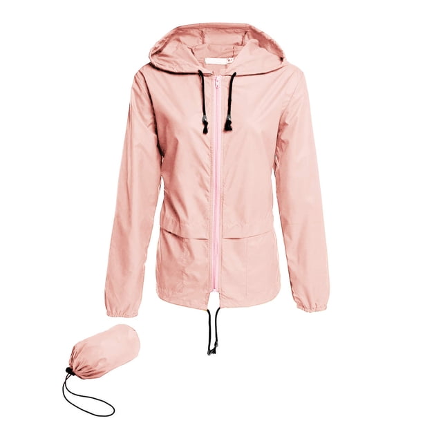 Avoogue Chubasquero para mujer, ligero, impermeable, chaquetas de lluvia, chaquetas de bicicleta, cortavientos con capucha para exteriores, plegable (rosa L)