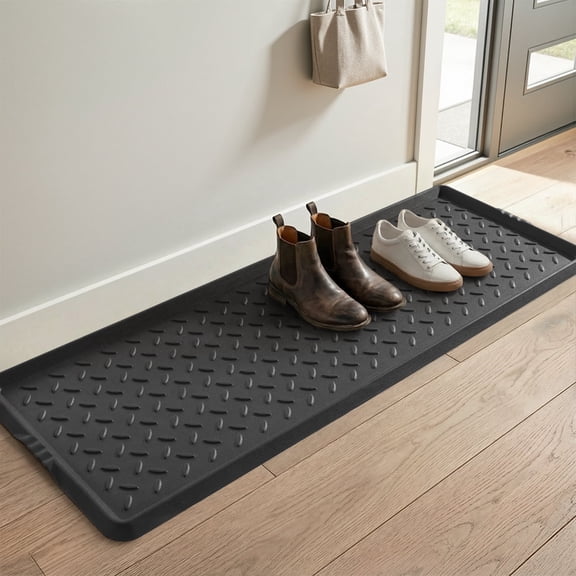 SIXHOME Heavy Duty Rubber Boot Tray Waterproof Non Slip Shoe Mat with Lip Durable Entryway Shoe Organizer Tray for Front Door Indoor Outdoor Muddy Shoes Storage 17“x47" Diamond Black