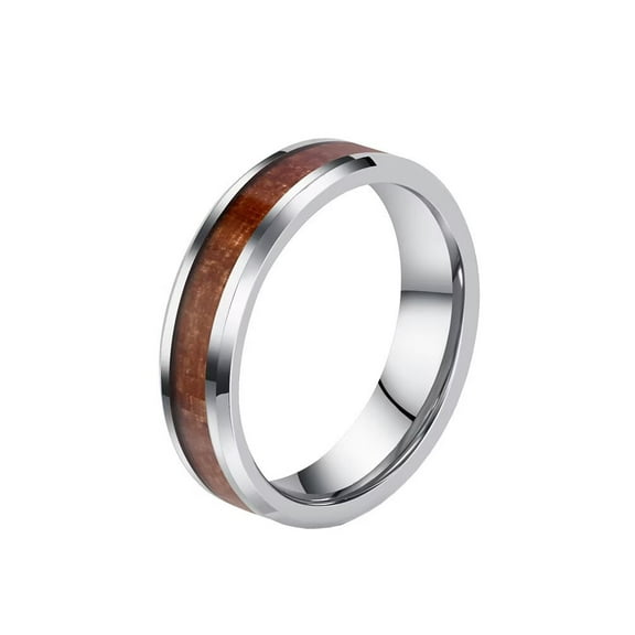 PAMTIER Men's Simple Trendy 6MM Hawaiian Koa Brown Wood Grain Inlay Tungsten Carbide Stacking Midi Ring Beveled Polished Edge Silver Size 9
