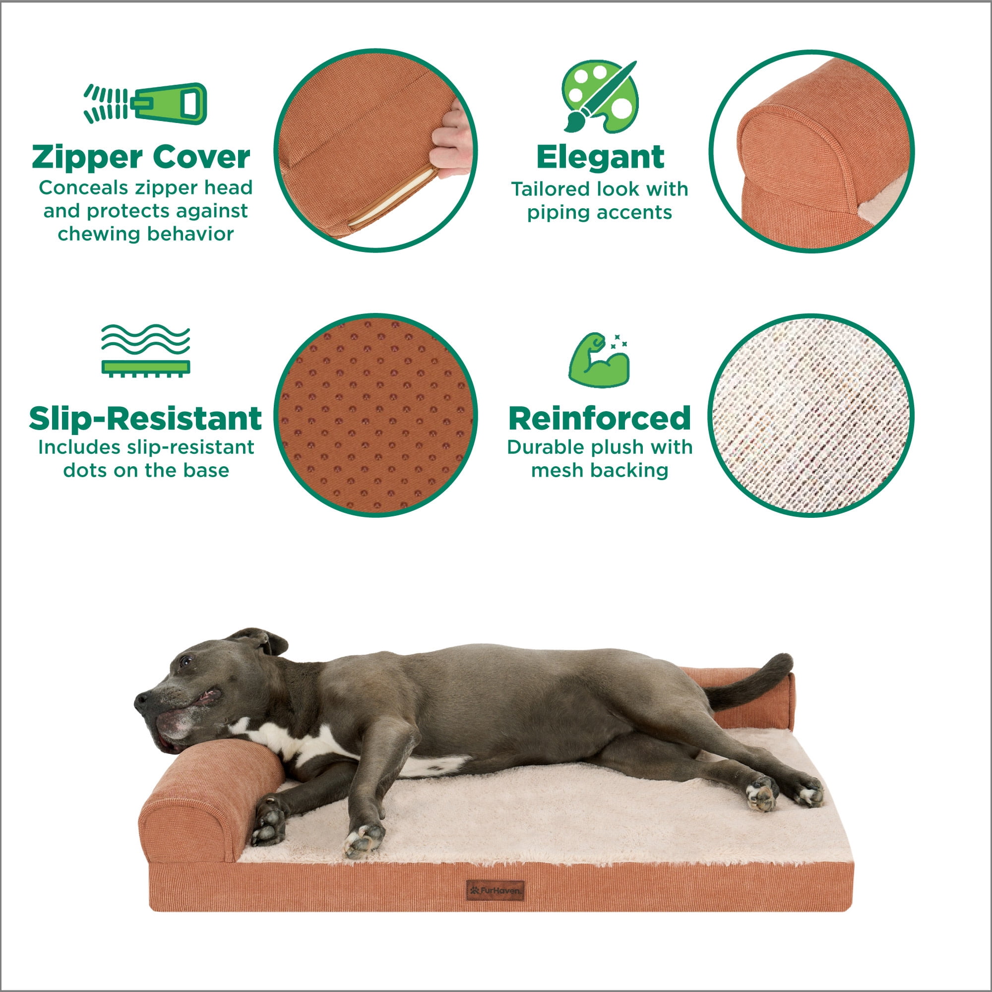 FurHaven Large (36"x27") Cooling Gel Dog Bed – Plush & Grid Cord L-Shaped Chaise Lounge Pet Bed, Removable Washable Cover, Copper
