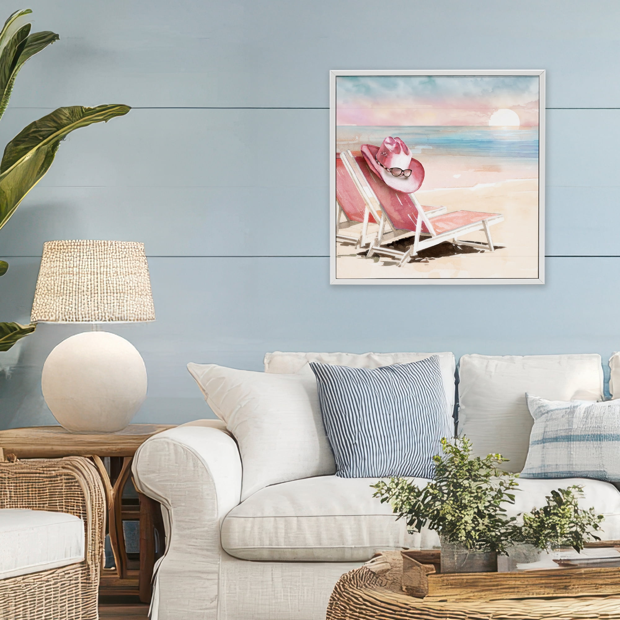 Stupell Industries Blush Pink Beach Chairs White Framed Giclee Art, design by Paul Mathenia