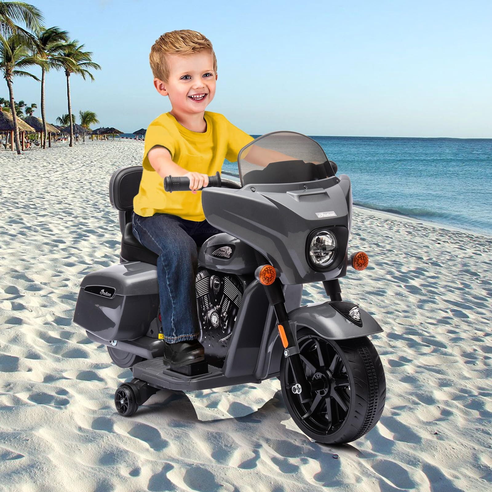 Kids Ride On Motorcycle, Licensed Indian 6V Ride on Toy Electric Motorcycle with USB, AUX，Music and Headlight for Toddler Boys and Girls