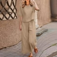 thumbnail image 2 of Dazajoo Linen Sets for Women 2 Piece Short Sleeve Round Neck Tops Matching Wide Leg Pants with Pockets 2025 Summer Beach Vacation Lounge Suits,Khaki,L, 2 of 7