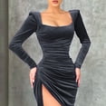 thumbnail image 3 of Gibobby Vestidos para mujer casuales Vestido de terciopelo de manga larga con cuello cuadrado para mujer Vestido dividido plisado delgado sexy(Negro,M), 3 of 4